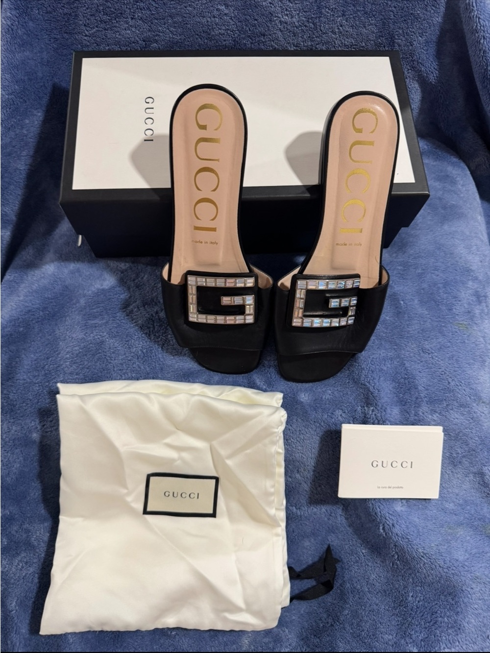 Gucci Black Leather Crystal G-Logo Slide Mules